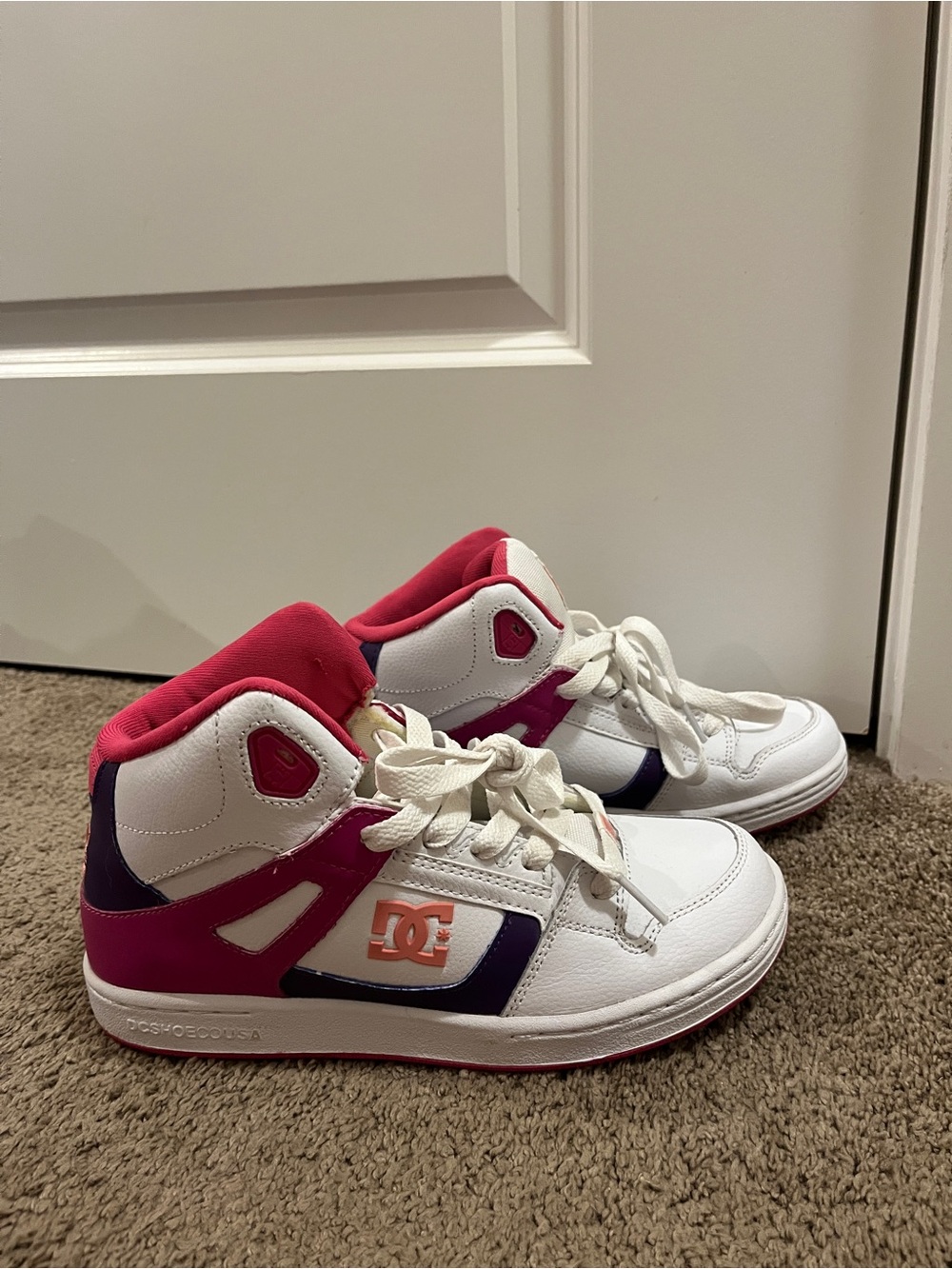 DC Kids High-Top Sneakers in White, Pink & Purple